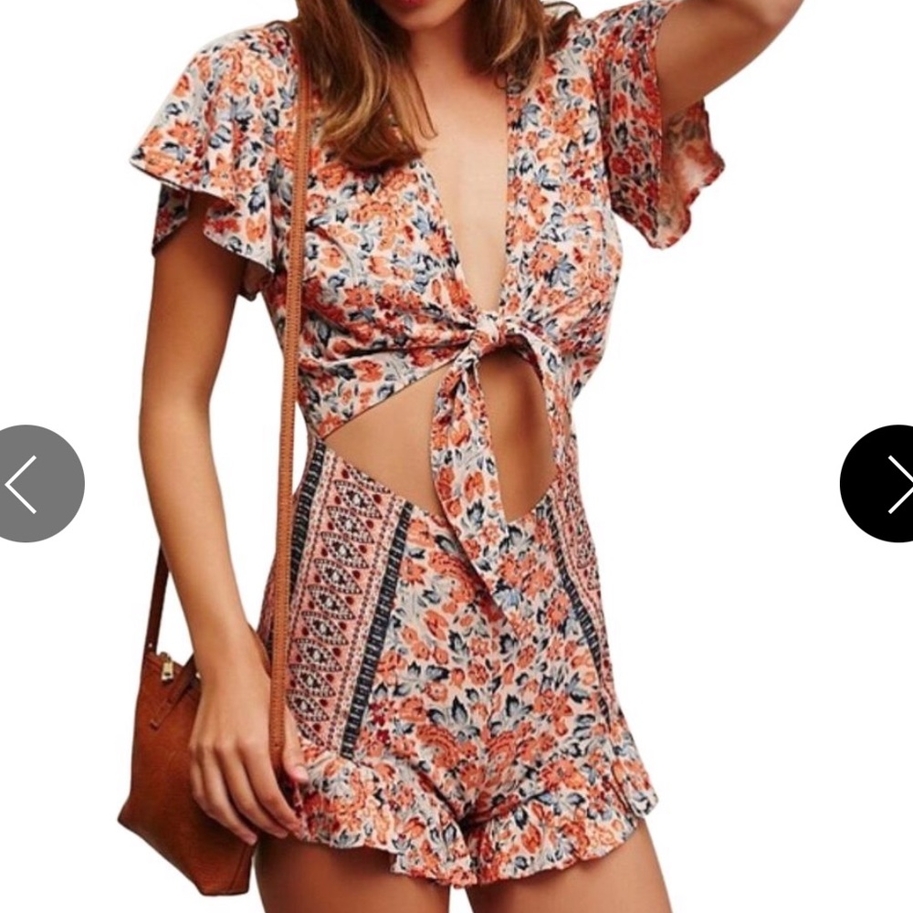Free people boho tie front floral cut out ruffle romper